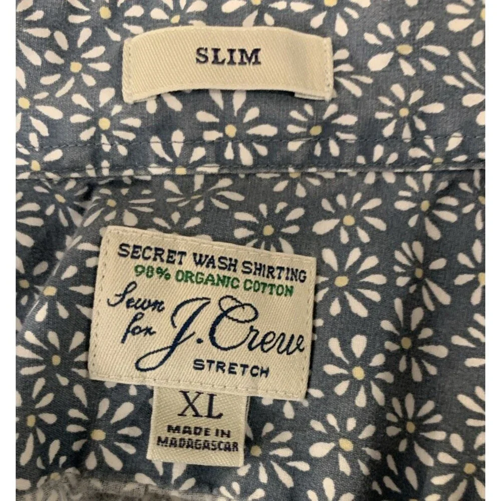 J Crew Shirt Mens XL Blue Slim Secret Wash Organic Cotton Floral Button Down
